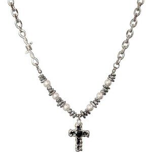 Mens Pearl Cross Silver Cross Pendant Trendy Stainless Steel Chain Trendy